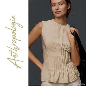 NWT ANTHROPOLOGIE The Della Women’s Beige Crinkle Sleeveless Preppy Blouse Sz L